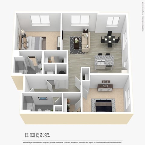 A floor plan of an apartment with three bedrooms, two bathrooms, and a living room.